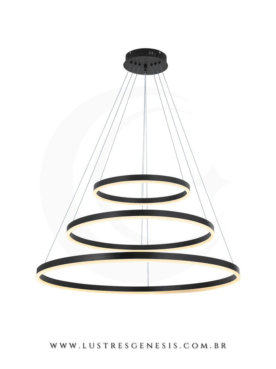 Lustre Pendente Aliance com 3 anéis em preto, ideal para sala de jantar e sala de estar. Lustres Gênesis loja online de Lustres e Iluminação Decorativa